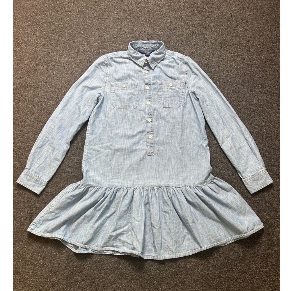 Polo Ralph Lauren Dress Blue Girls 16 Chambray Drop Waist Ruffle Long Sleeve